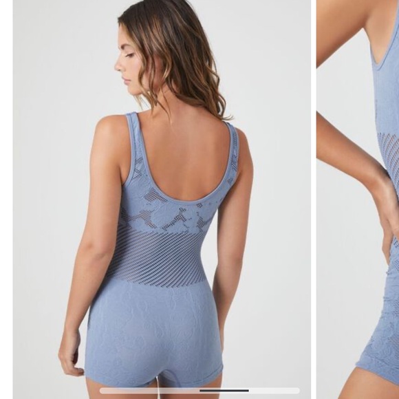 Blue ribbed bodysuit active romper mesh lace sides - Picture 3 of 4